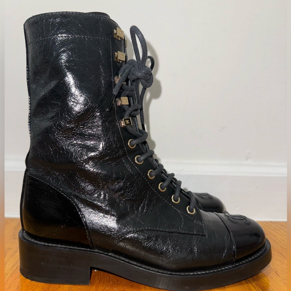 CHANEL Shiny Goatskin Cap Toe Combat Boots